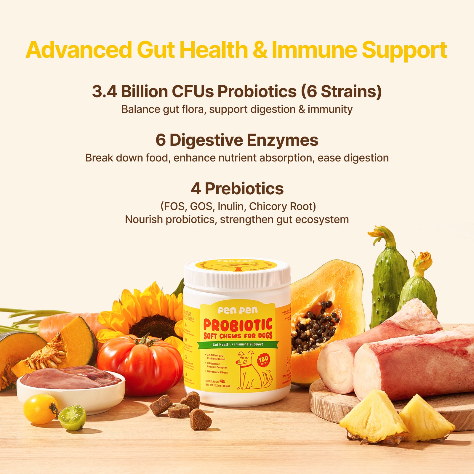 Gut Health + Immune Support Probiotic Soft Chews for Dogs – Beef Flavor