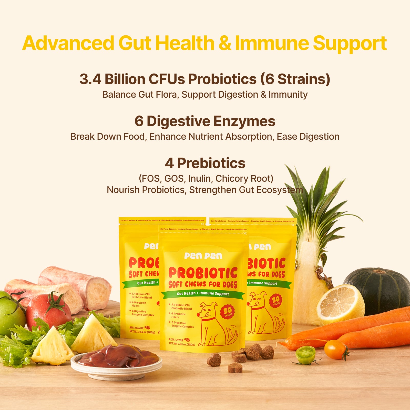 Gut Health + Immune Support Probiotic Soft Chews for Dogs – Beef Flavor