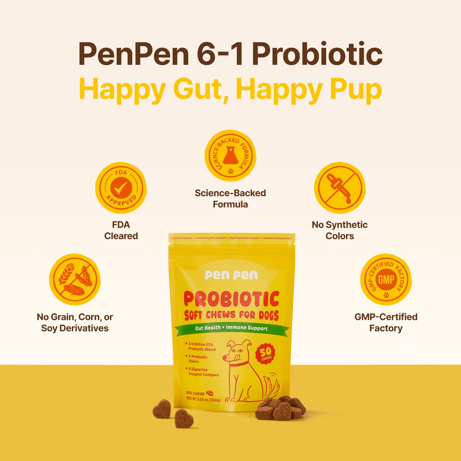 Gut Health + Immune Support Probiotic Soft Chews for Dogs – Beef Flavor